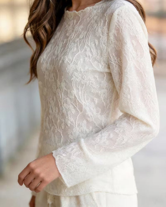 Bluse Rundhals Spitze Sheer Tailliert