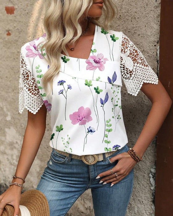 Bluse bedruckt modisch Spitzeneinsatz