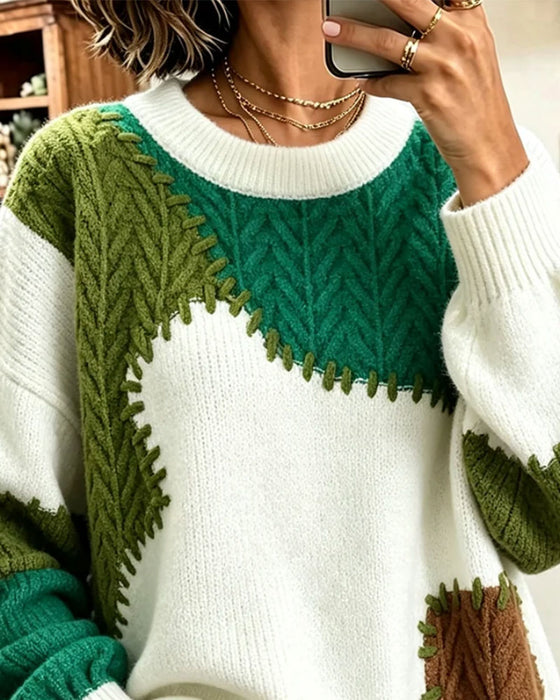 Pullover Runder Ausschnitt Kontrastierend Fallende Schulter Patchwork