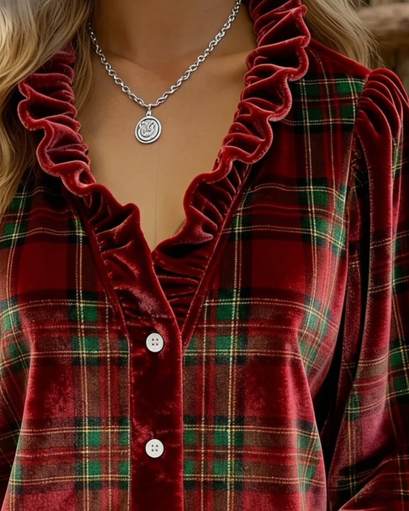 Top Mit Rüschendetails, V-Kragen Design Und Samtstoff