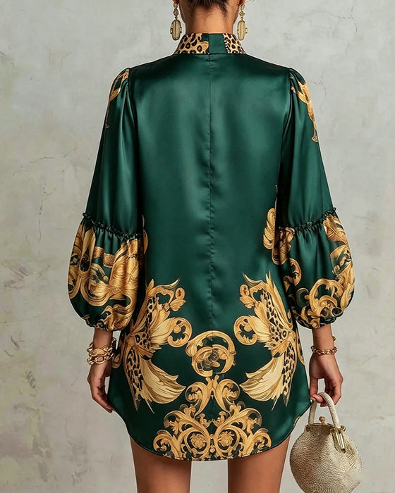 Kleid Leopard Laterne Ärmel Stehkragen Druck