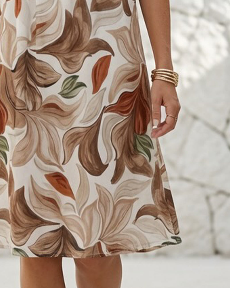Kleid Rundhals Ärmellos Gerafft Blumig
