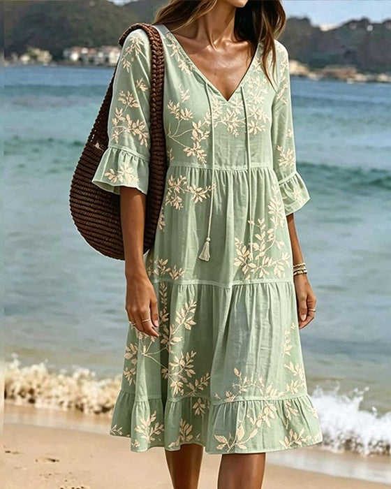 Kleid Rüsche V-Ausschnitt Binden Resort