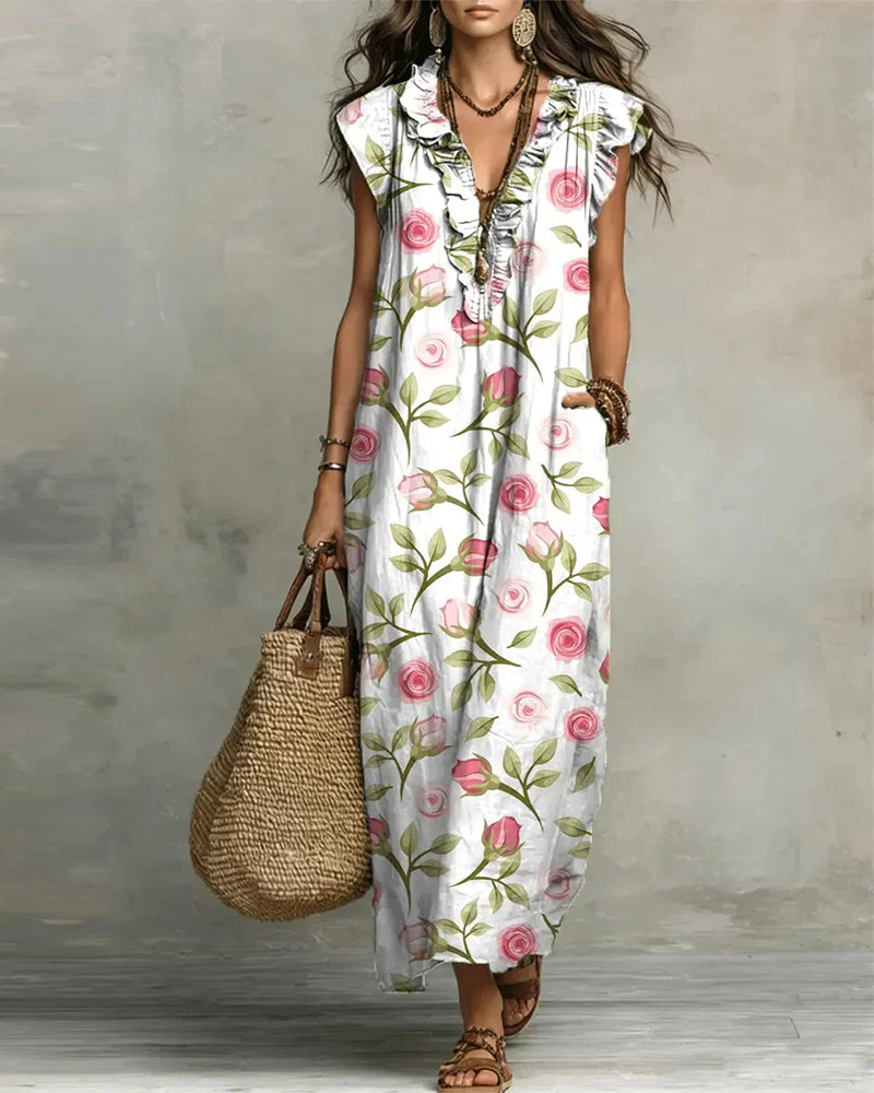 Kleid Rosenprint Rüsche V-Ausschnitt