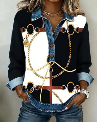 Sweatshirt Denim Patchwork Kettenprint