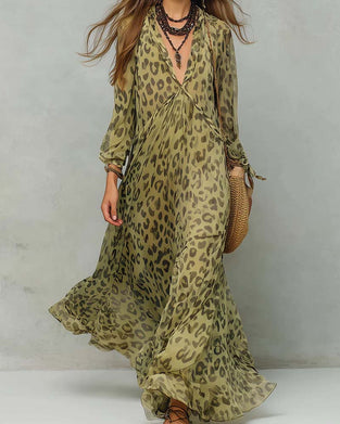 Kleid V-Ausschnitt Langarm Leopard Maxi