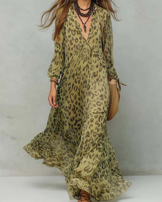 Kleid V-Ausschnitt Langarm Leopard Maxi