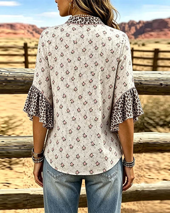Bluse V-Ausschnitt Leopardenmuster Blumen-Patchwork Rüschen