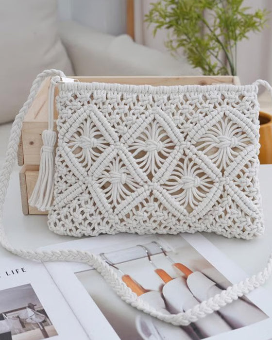 🏆Blitzangebot⚡Minimalistische Quasten Damenclutch – Retro Tasche aus Baumwollseil Geflochten Boho Strandtasche für den Sommerurlaub