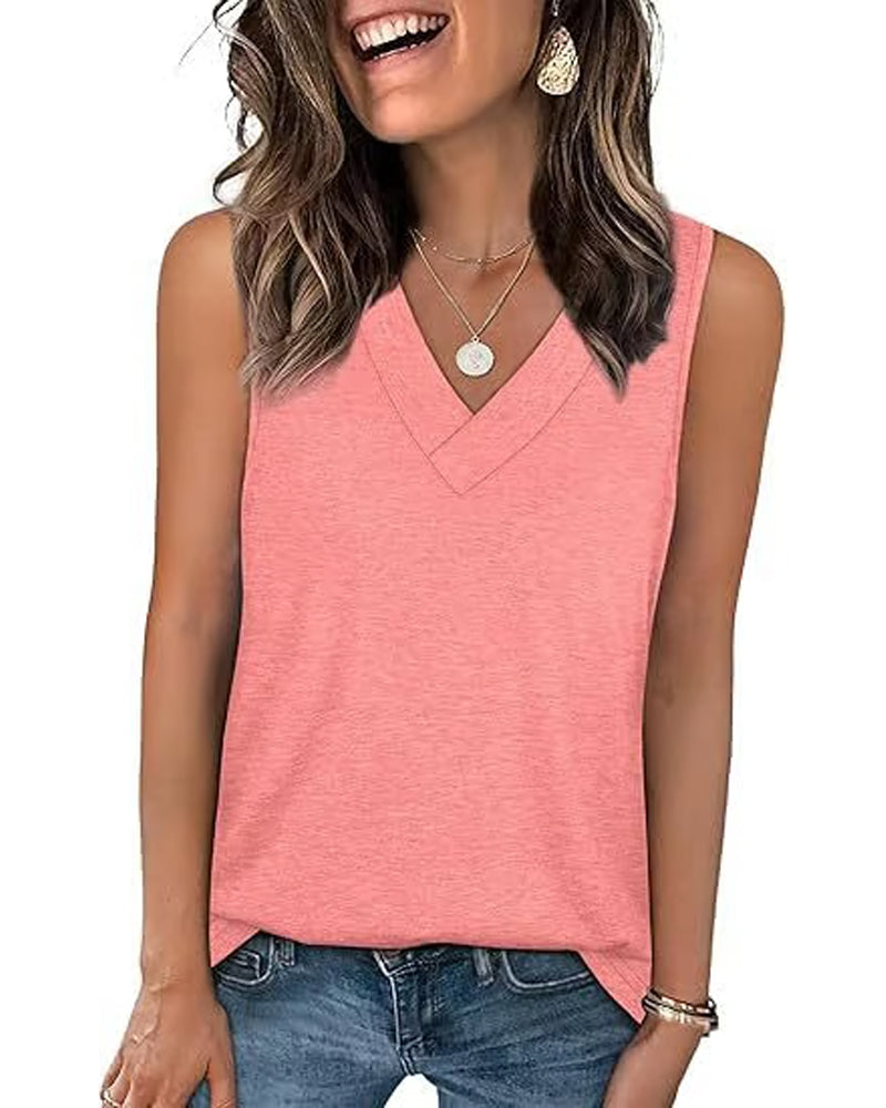 Tanktop T-Shirt Damen Ärmellos V-Ausschnitt Schlankmachend Locker Passform Lässig
