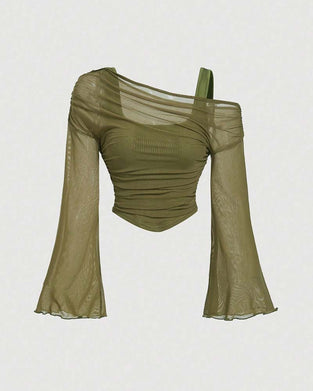Bluse Netz Rüsche Langarm Cami