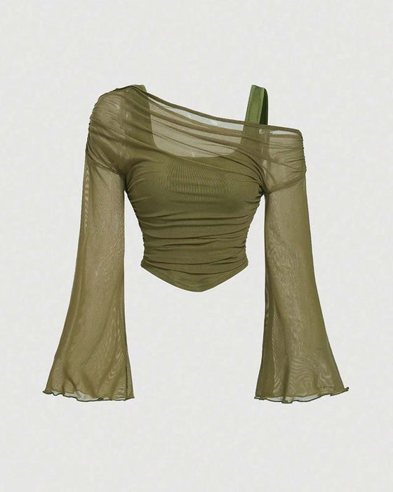 Bluse Netz Rüsche Langarm Cami