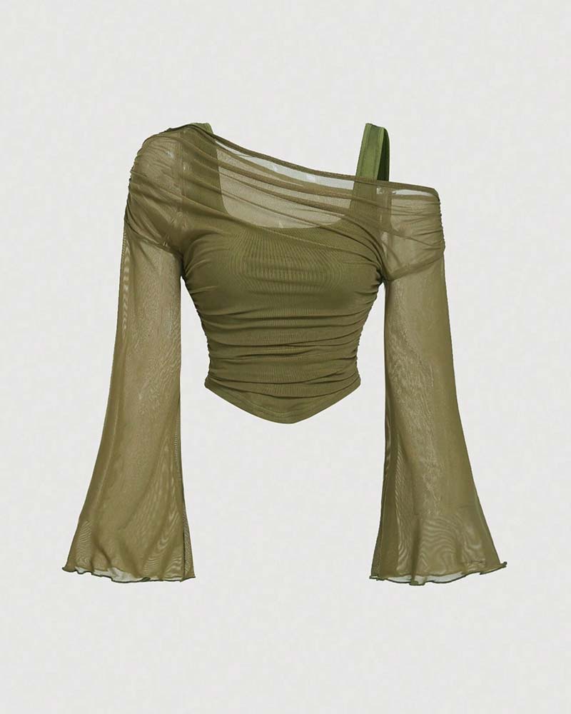 Bluse Netz Rüsche Langarm Cami
