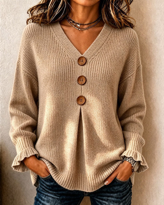 Pullover V-Ausschnitt Knopf Pullover