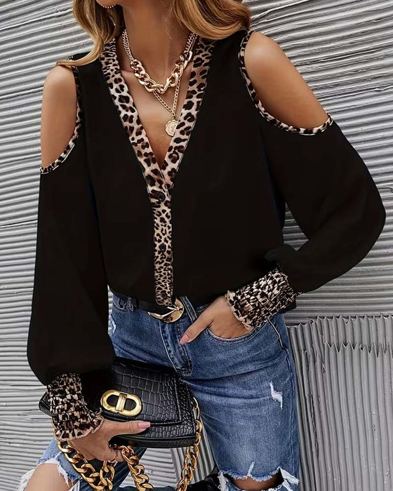 Bluse Off-Shoulder Leopard Patchwork Langarm