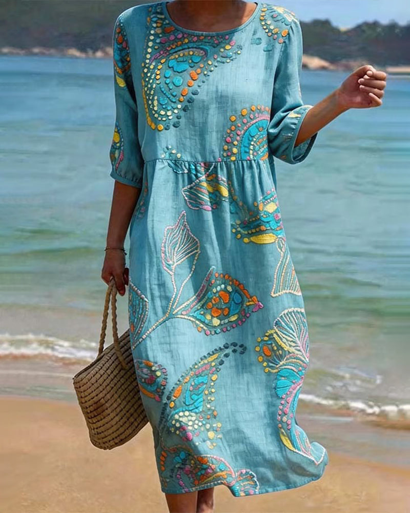 Kleid Print Rundhalsausschnitt Gerafft Lässig