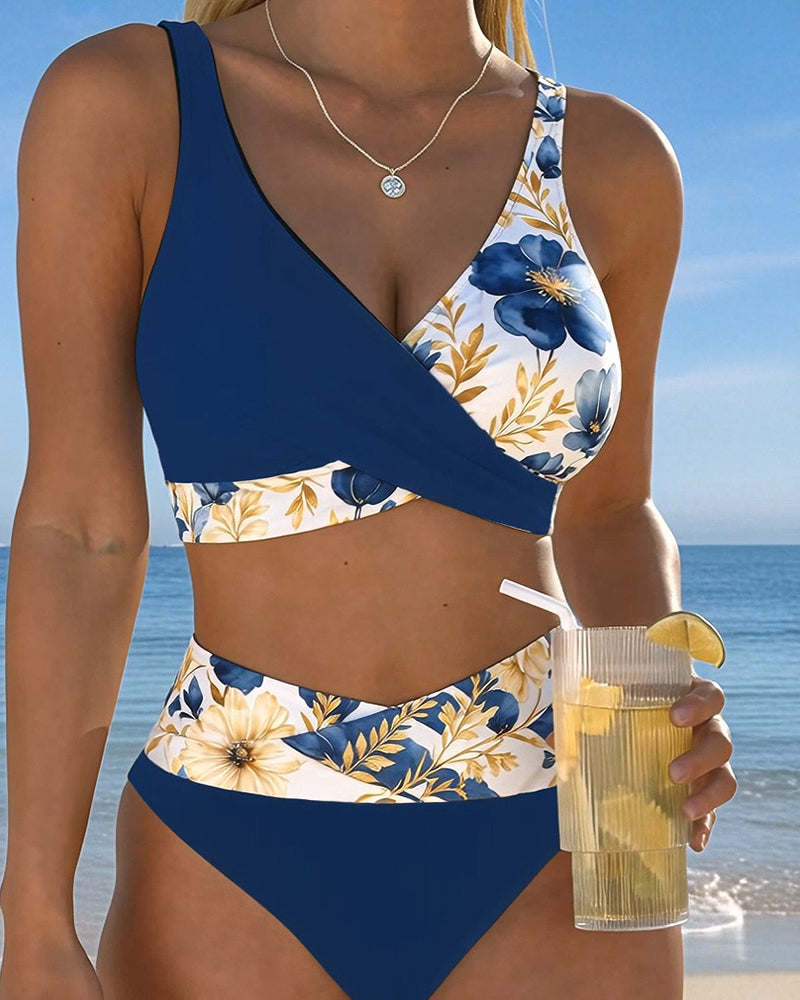 Bikini Blumig Farbblock Patchwork