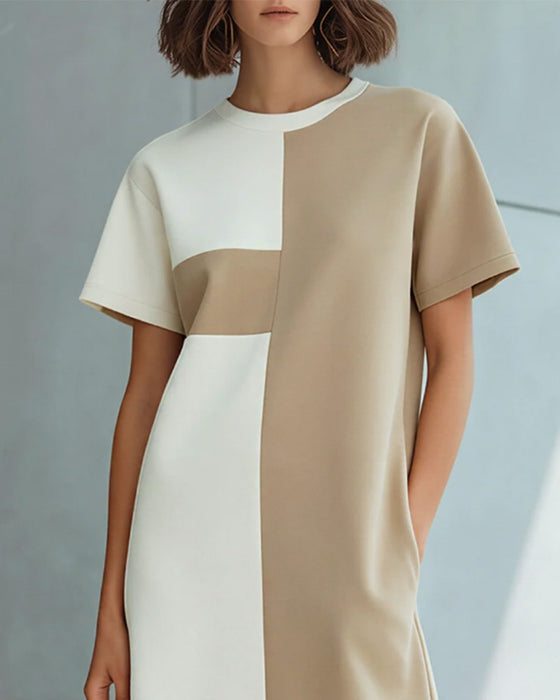 Kleid Color-Block Kurzarm Schlitz Knielang