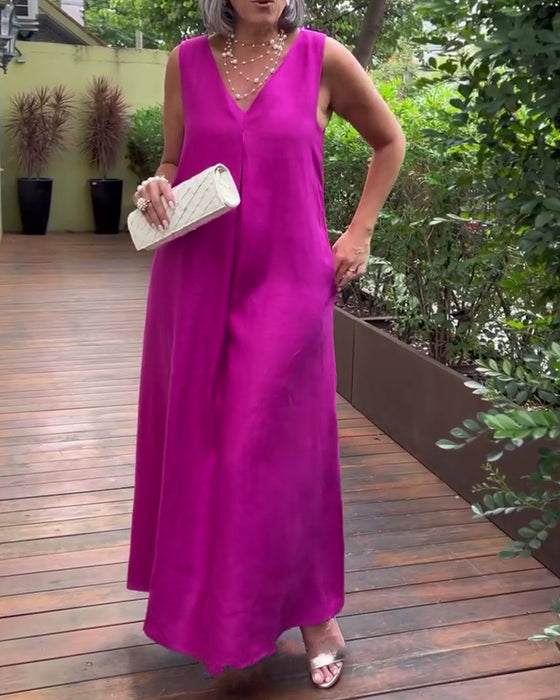 Kleid V-Ausschnitt Ärmellos Casual Lang
