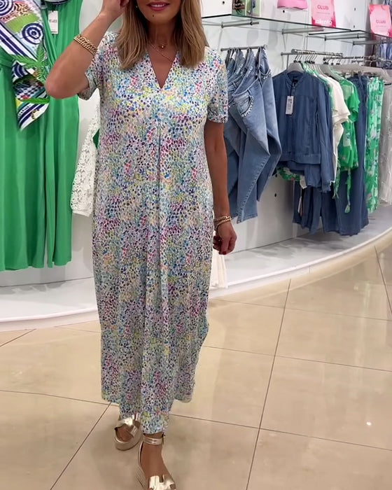 Kleid V-Ausschnitt Kurzärmelig Blumen