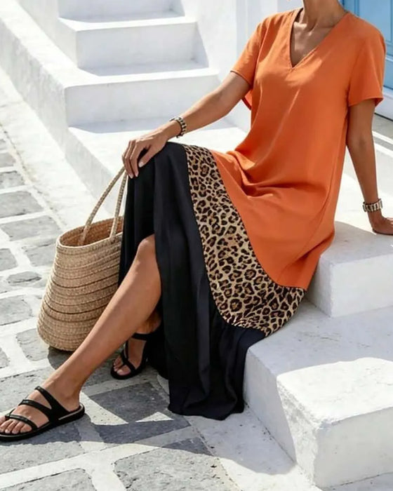 Maxikleid V-Ausschnitt Farbblock Patchwork Leopard