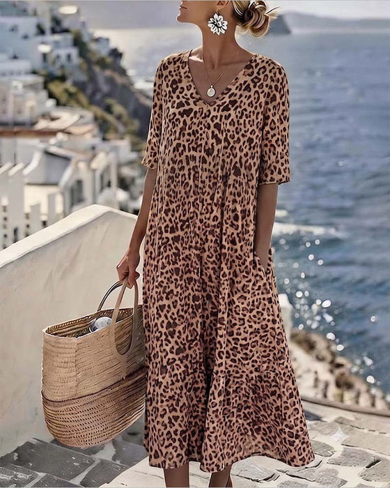 Kleider Leopard V-Ausschnitt Locker