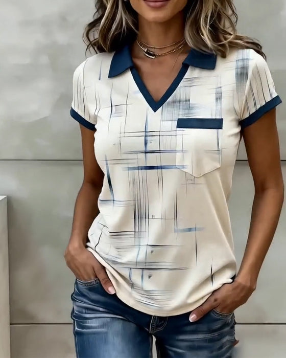 Top V-Ausschnitt bedruckt Colorblock