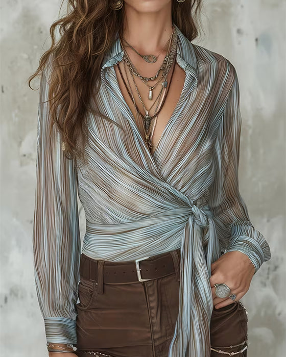 Bluse Revers Streifen Twist Knoten