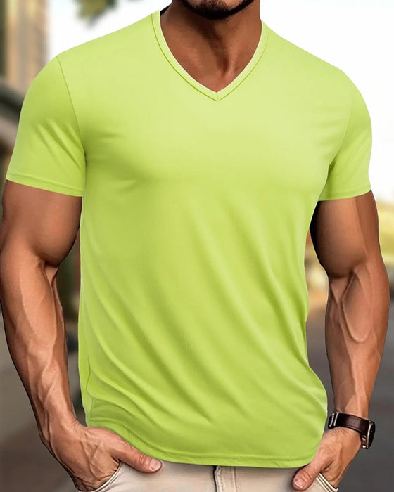T-Shirt Uni Farbe V-Ausschnitt Freizeit Herren