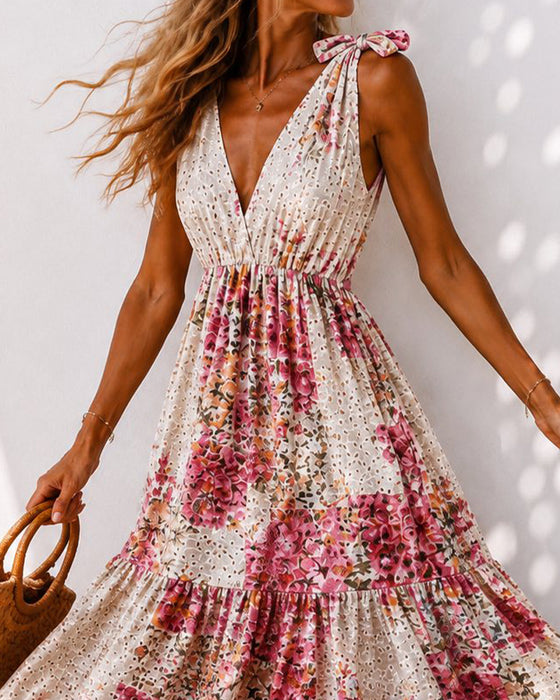 Kleid Blumen Bindung V-Ausschnitt Stufen
