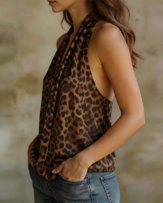 Bluse V-Ausschnitt Halter Leopard Ärmellos