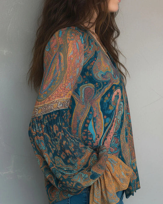 Bohemische V-Ausschnitt-Bluse Mit Ausgestellten Ärmeln