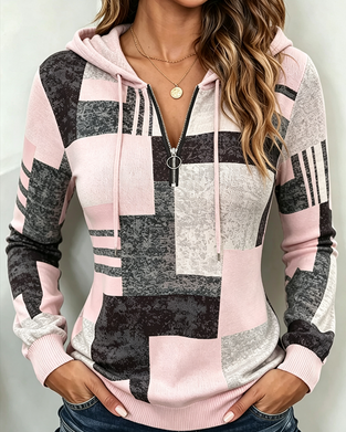 Hoodie Halb-Zip Lässig Kontrast Karomuster