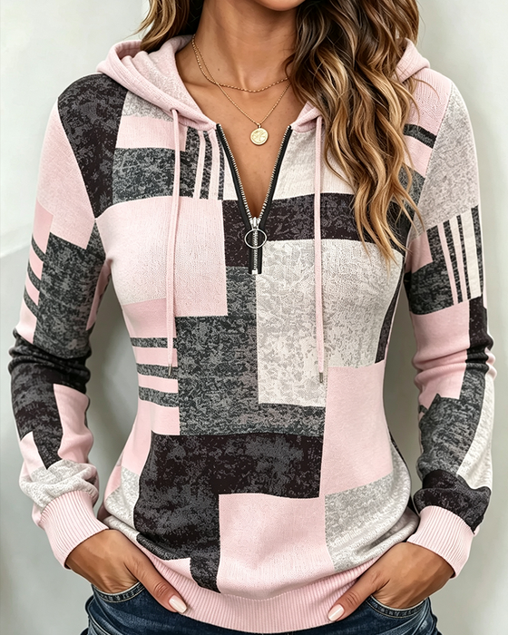 Hoodie Halb-Zip Lässig Kontrast Karomuster