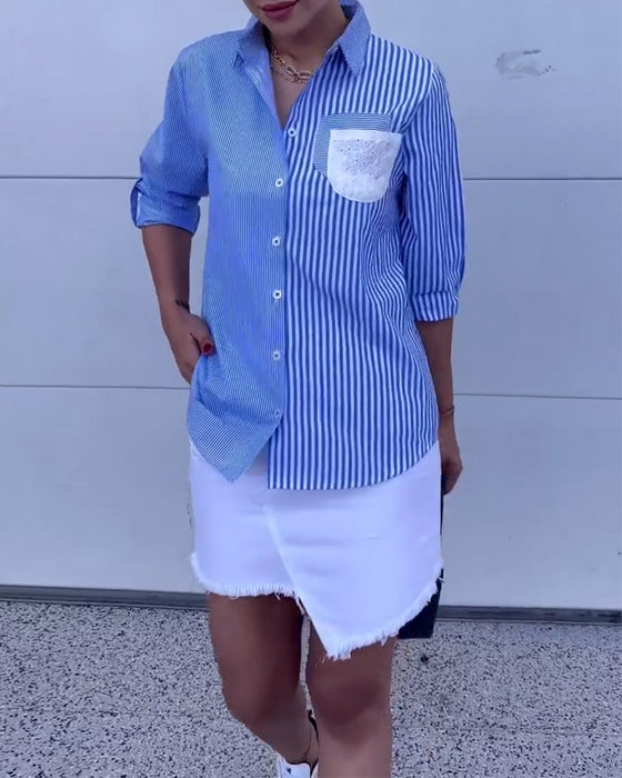 Bluse lässig Revers gestreift hinten Spitze