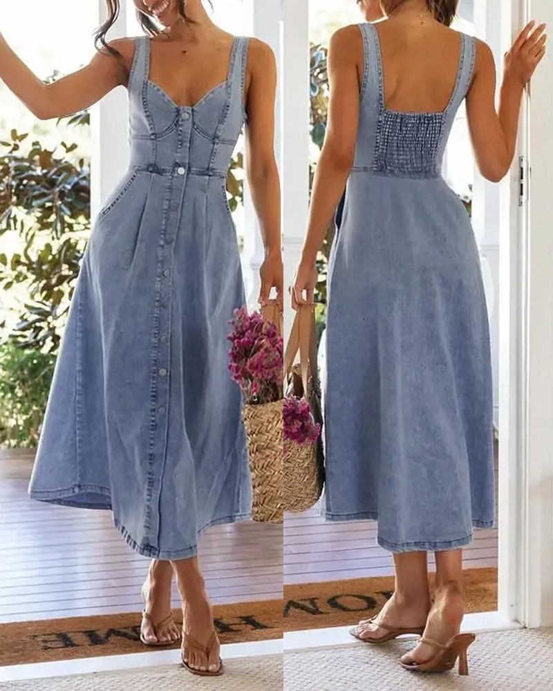 Kleid Spaghettiträger Knopf Taille Tailliert Denim