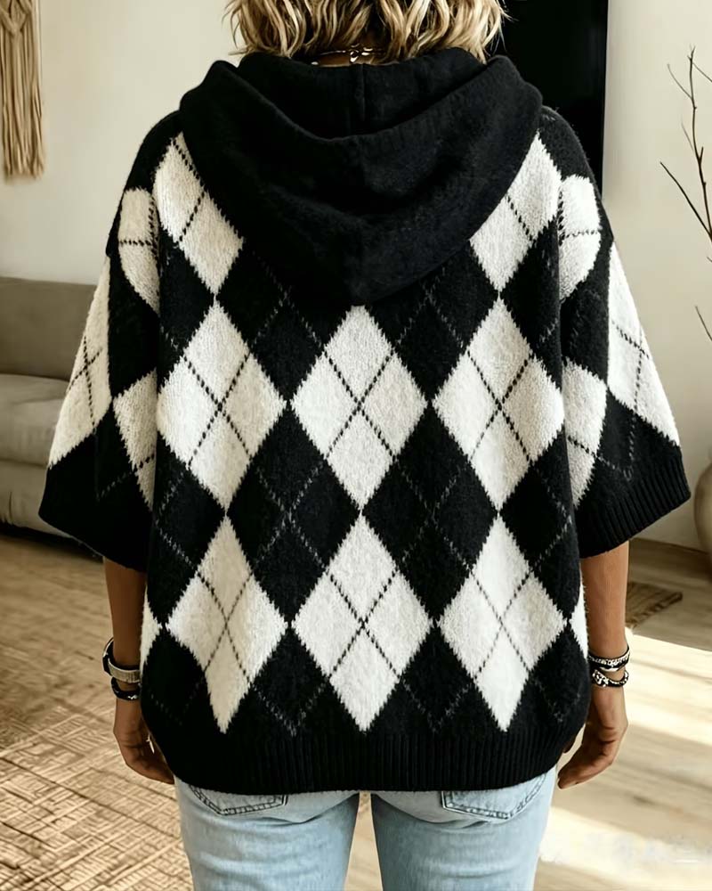 Pullover Plaid Kapuze Dreiviertelarm