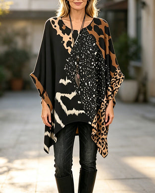 Bluse Rundhals Leopardenmuster Pailletten Patchwork