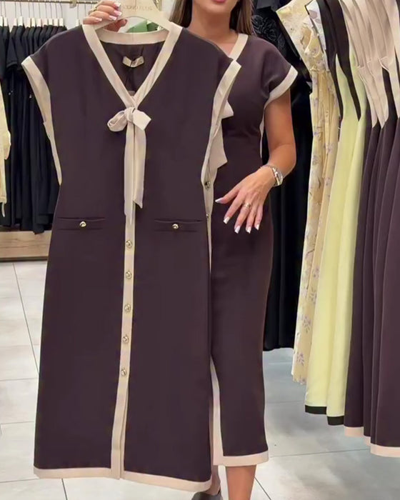 Kleid V-Ausschnitt Schleife Knopf