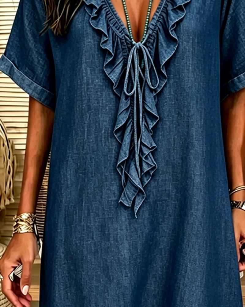Kleid V-Ausschnitt Denim Rüsche