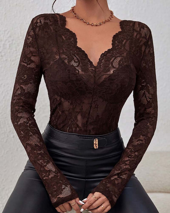 Bluse Spitzenbesatz Langarm