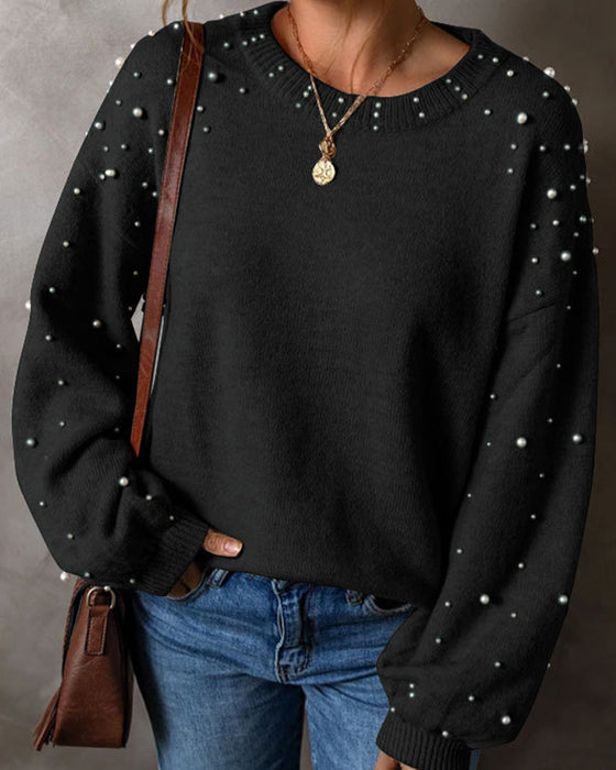 Pullover Mit Perlen Lange Ärmel Rundhals