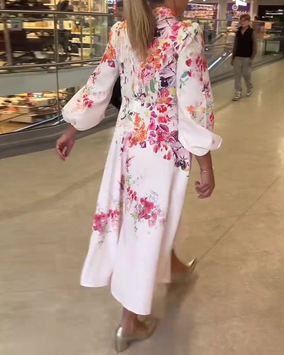 Kleid Französisch Puffärmel Stehkragen Druck