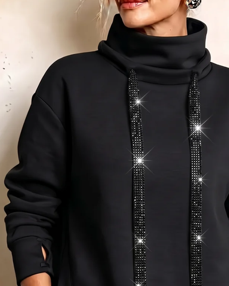Sweatshirt Hoher Hals Strass Kordelzug