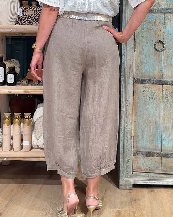 Hose Elastische Taille Tasche Weites Bein Gekürzt