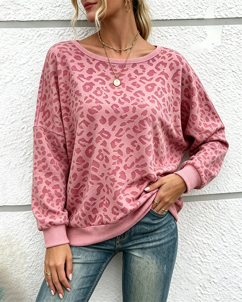 Pullover Sweatshirt Leopard Rundhalsausschnitt Drop Schulter