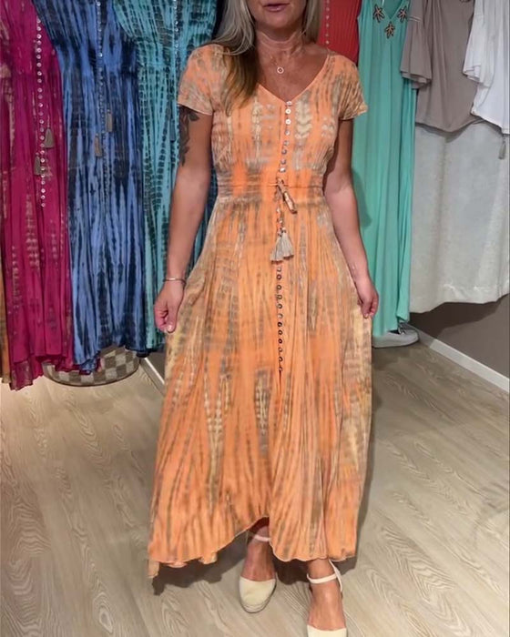 Kleid V-Ausschnitt Tie-Dye Kurzarm