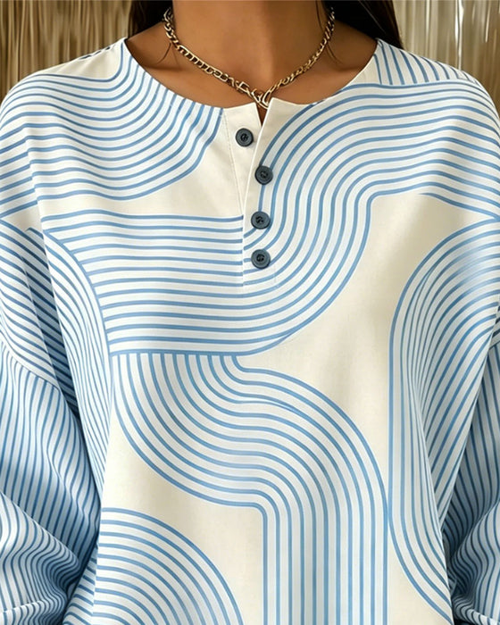 Sweatshirt Rundhals Knopf Gestreift Locker
