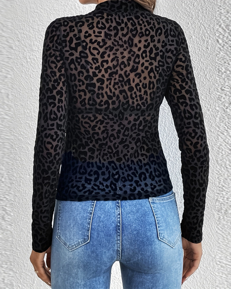 Top Stehkragen Leopardenmuster Mesh