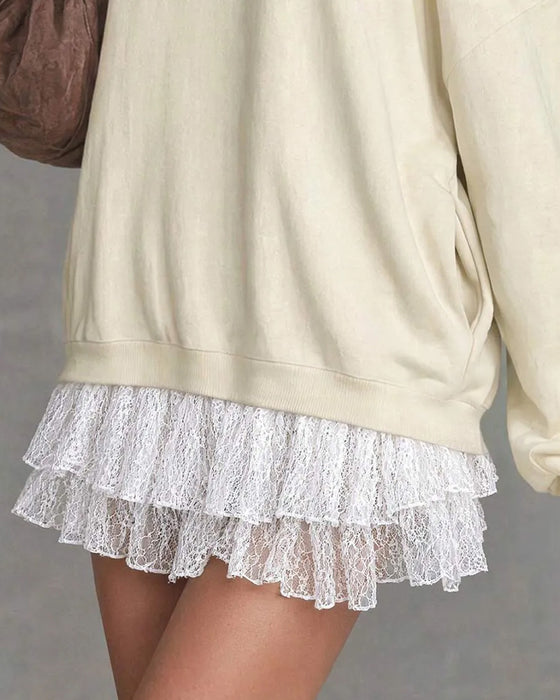 Kleid Cold Shoulder Laternenärmel Spitze Patchwork